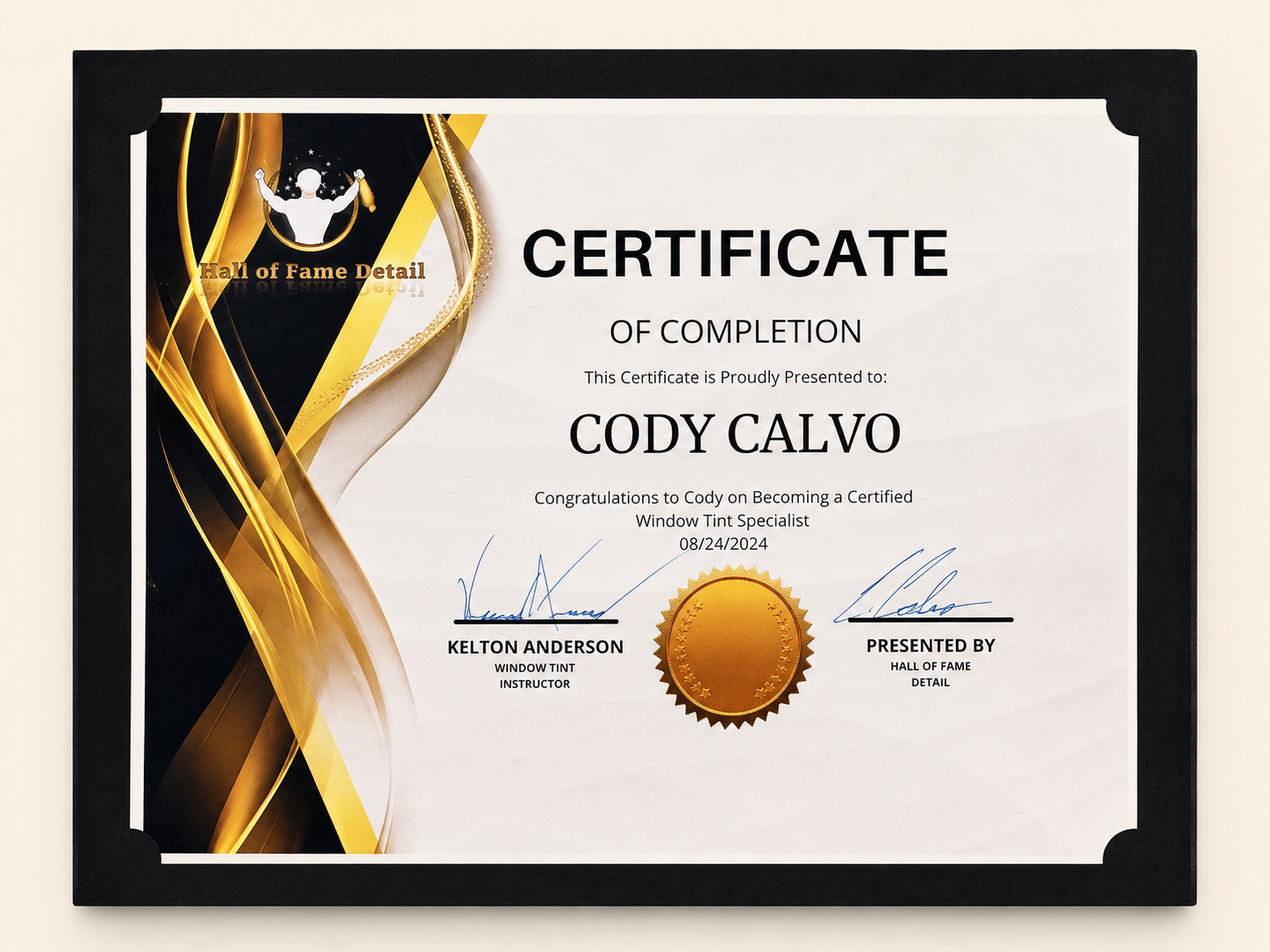 Cody Calvo certified window tint specialist certificate