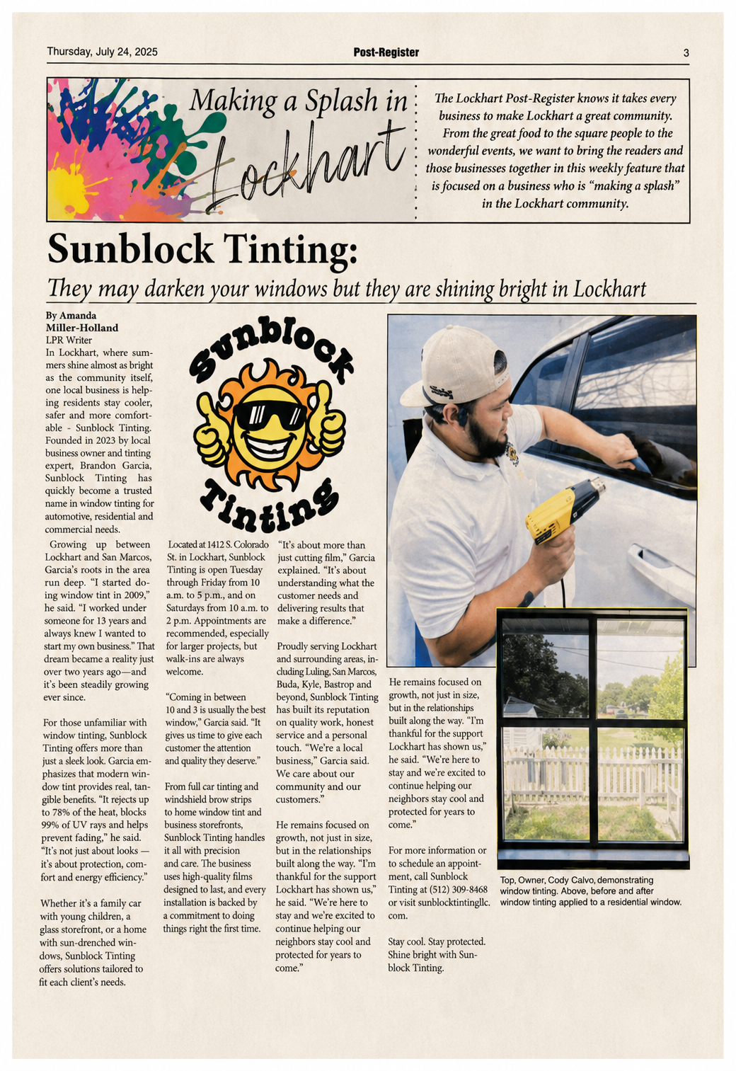 Lockhart Post-Register feature about SunBlock Tinting