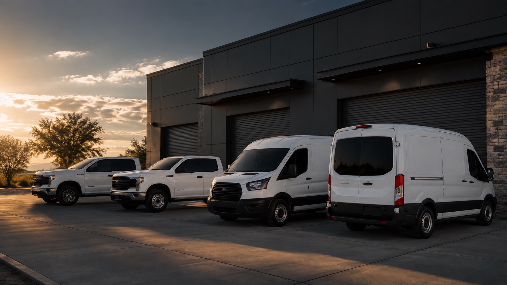 Commercial work trucks and cargo vans shown with a coordinated dark window-tint appearance