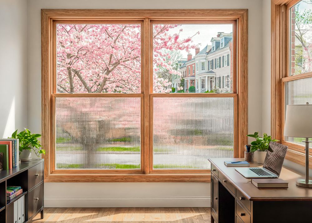 Manufacturer example of reeded film across the lower panes of a home-office window