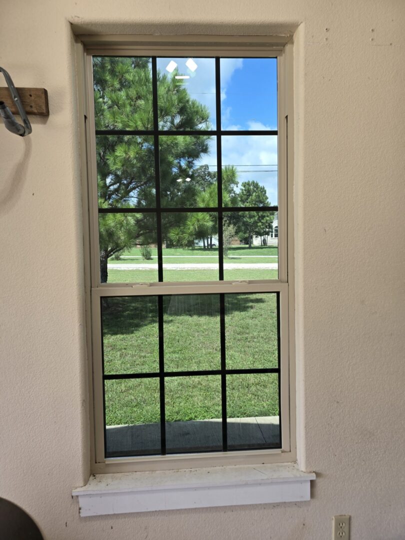 A window with a view of the grass.